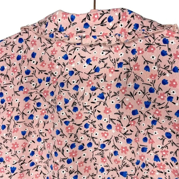 ZARA Pink Blue Floral Button Front Long Sleeve Ruffle Detail Blouse  Sz. XL - Picture 12 of 13
